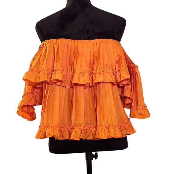 STRUT & BOLT Orange Pleated Ruffle Off The Shoulder Top, Size Large - Picture 3 of 9
